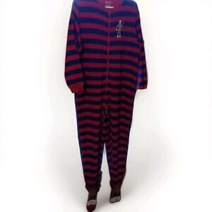 NICK & NORA SOCK MONKEY FOOTIE PAJAMAS SZ M ONE PIECE RED BLUE STRIPED Pockets